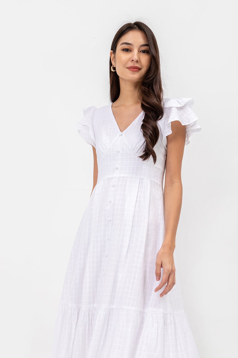 CONSTANCE TEXTURED FLUTTER SLEEVE MIDI DRESS