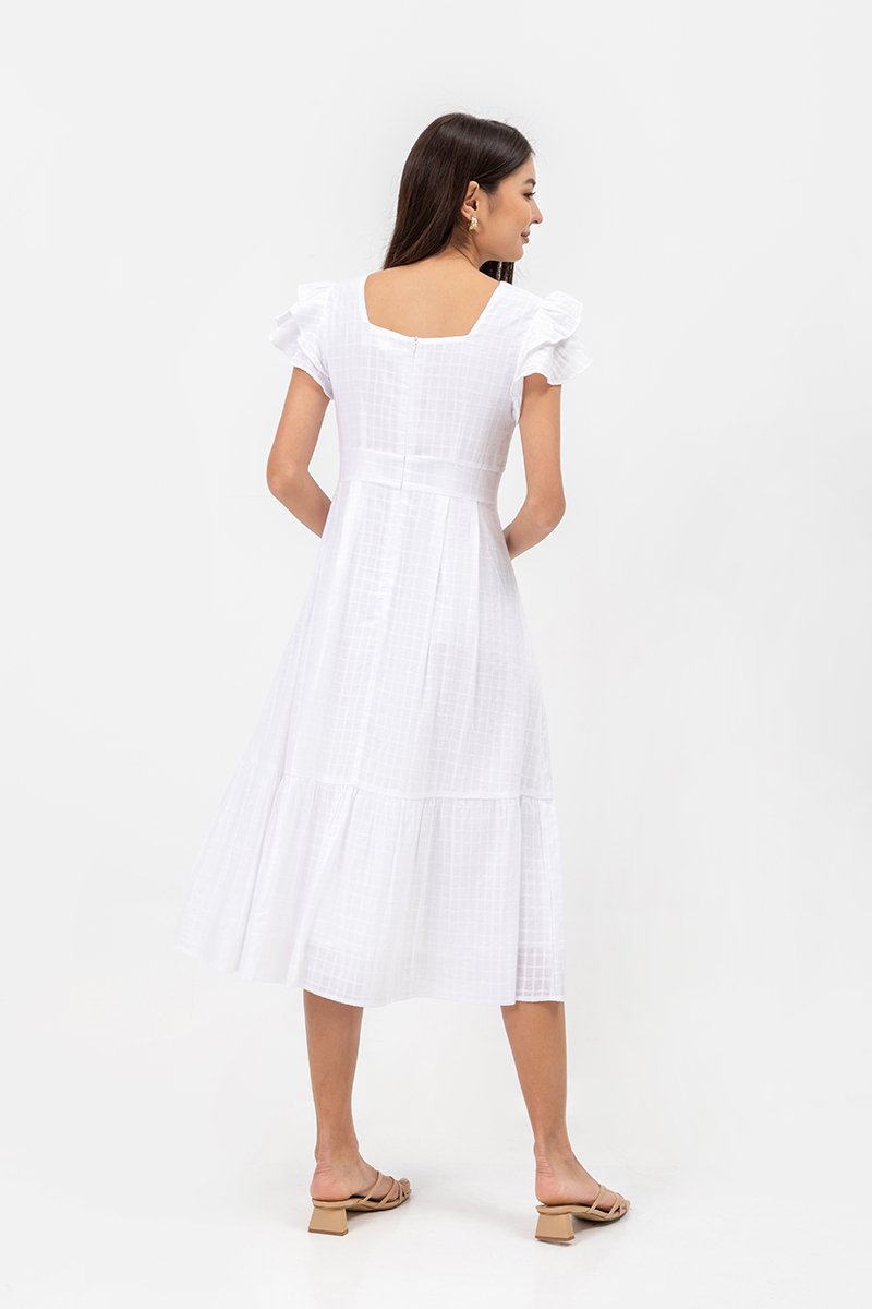 CONSTANCE TEXTURED FLUTTER SLEEVE MIDI DRESS