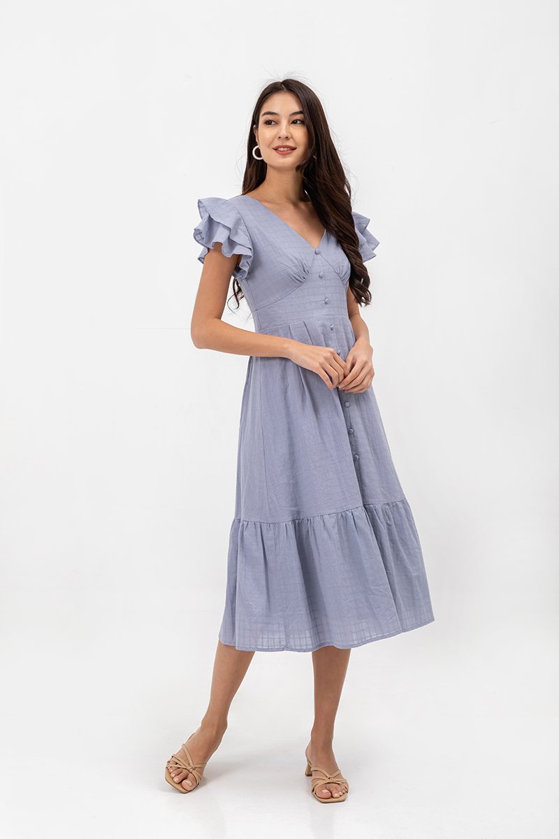CONSTANCE TEXTURED FLUTTER SLEEVE MIDI DRESS