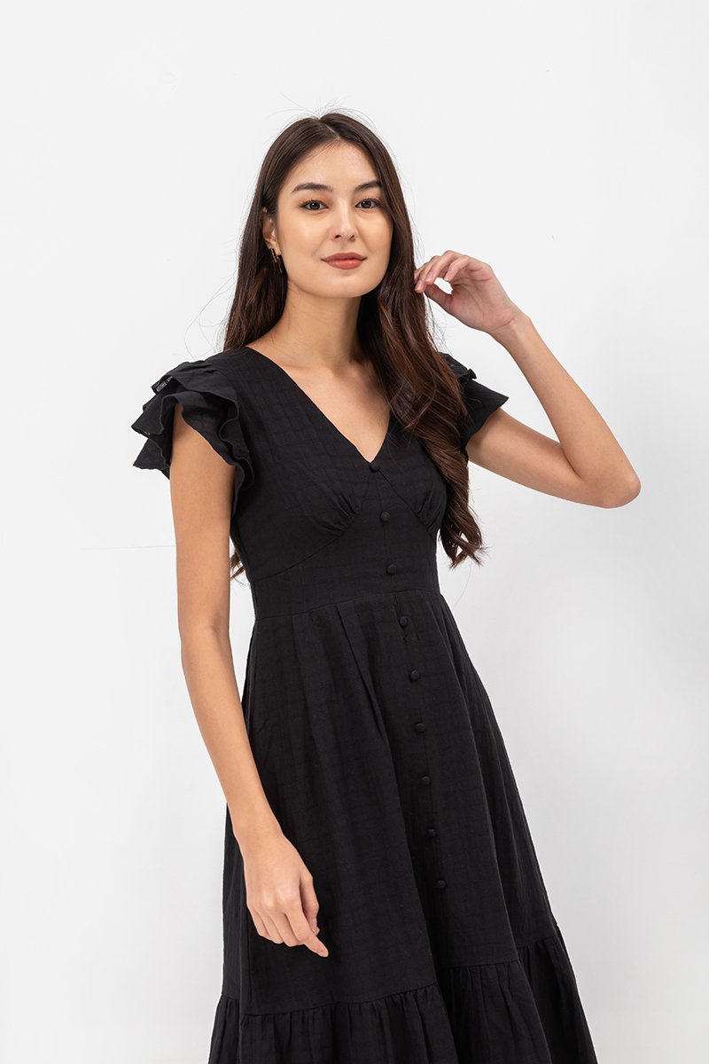 CONSTANCE TEXTURED FLUTTER SLEEVE MIDI DRESS