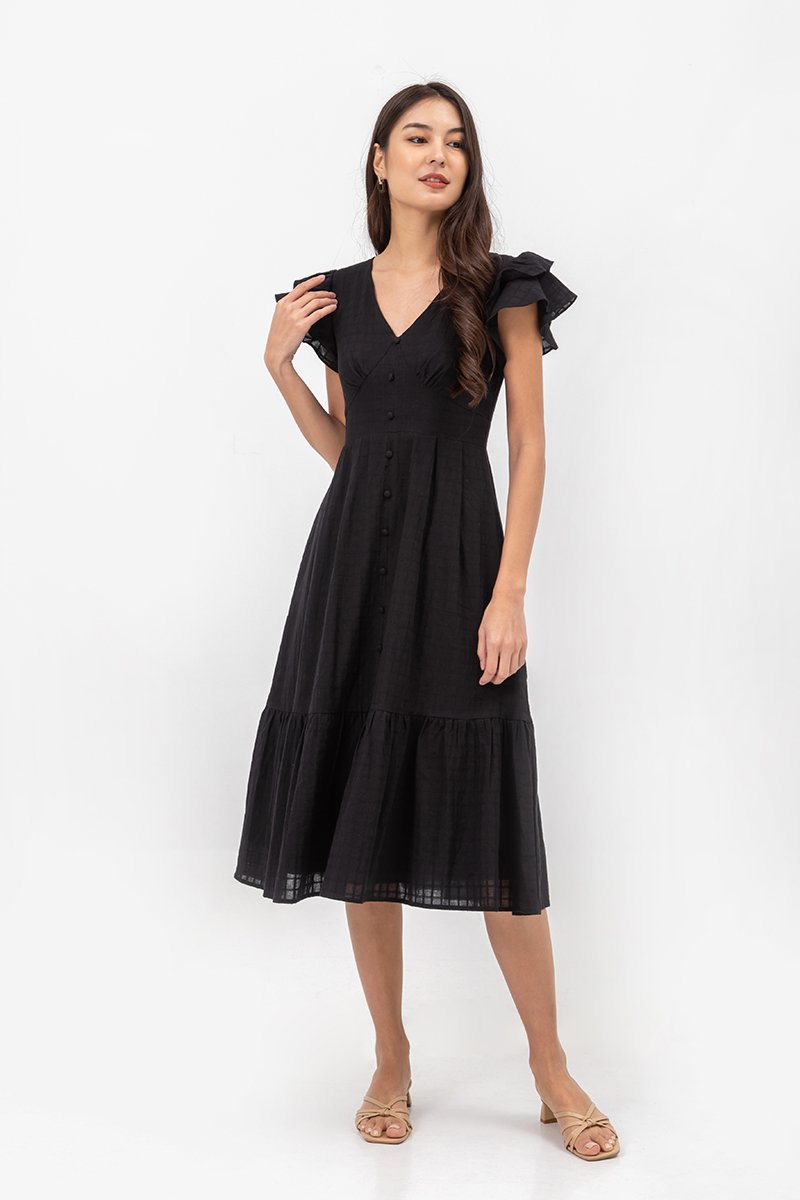 CONSTANCE TEXTURED FLUTTER SLEEVE MIDI DRESS