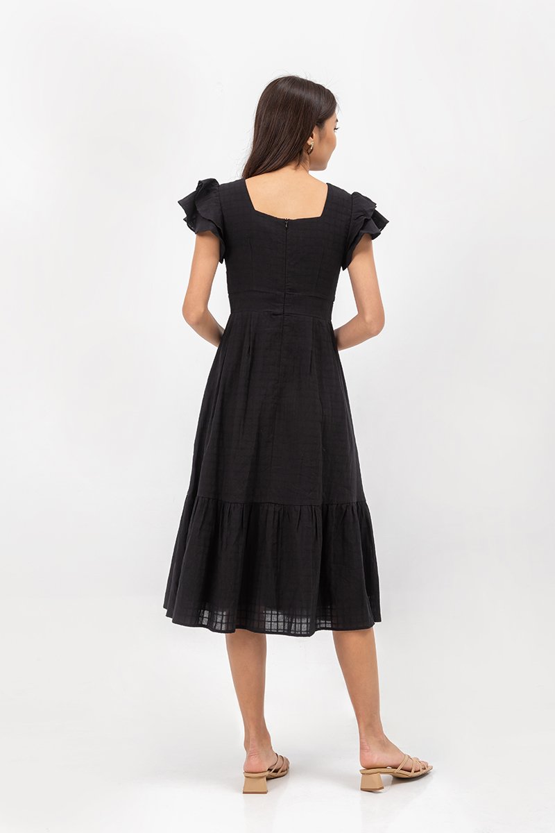 CONSTANCE TEXTURED FLUTTER SLEEVE MIDI DRESS