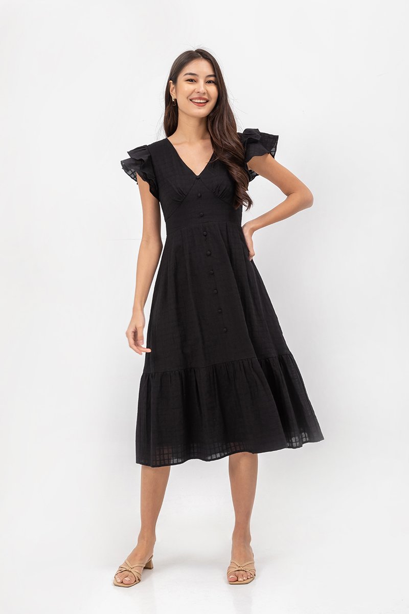 CONSTANCE TEXTURED FLUTTER SLEEVE MIDI DRESS