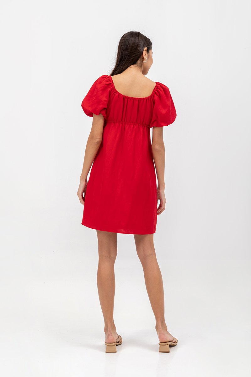 ROSALEE PUFF SLEEVE BABYDOLL LINEN MINI DRESS