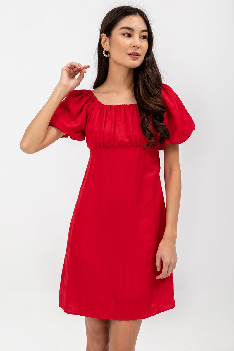 ROSALEE PUFF SLEEVE BABYDOLL LINEN MINI DRESS