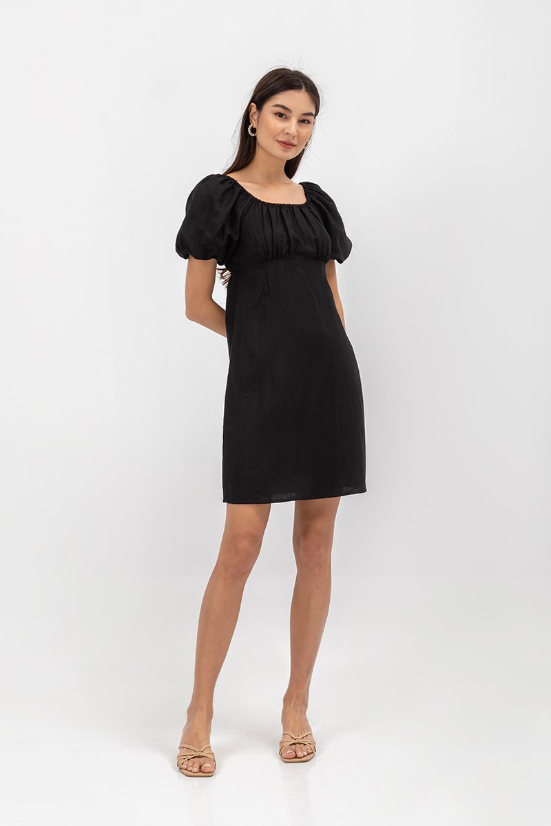ROSALEE PUFF SLEEVE BABYDOLL LINEN MINI DRESS