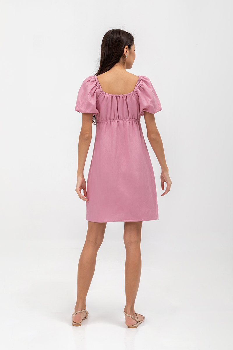 ROSALEE PUFF SLEEVE BABYDOLL LINEN MINI DRESS