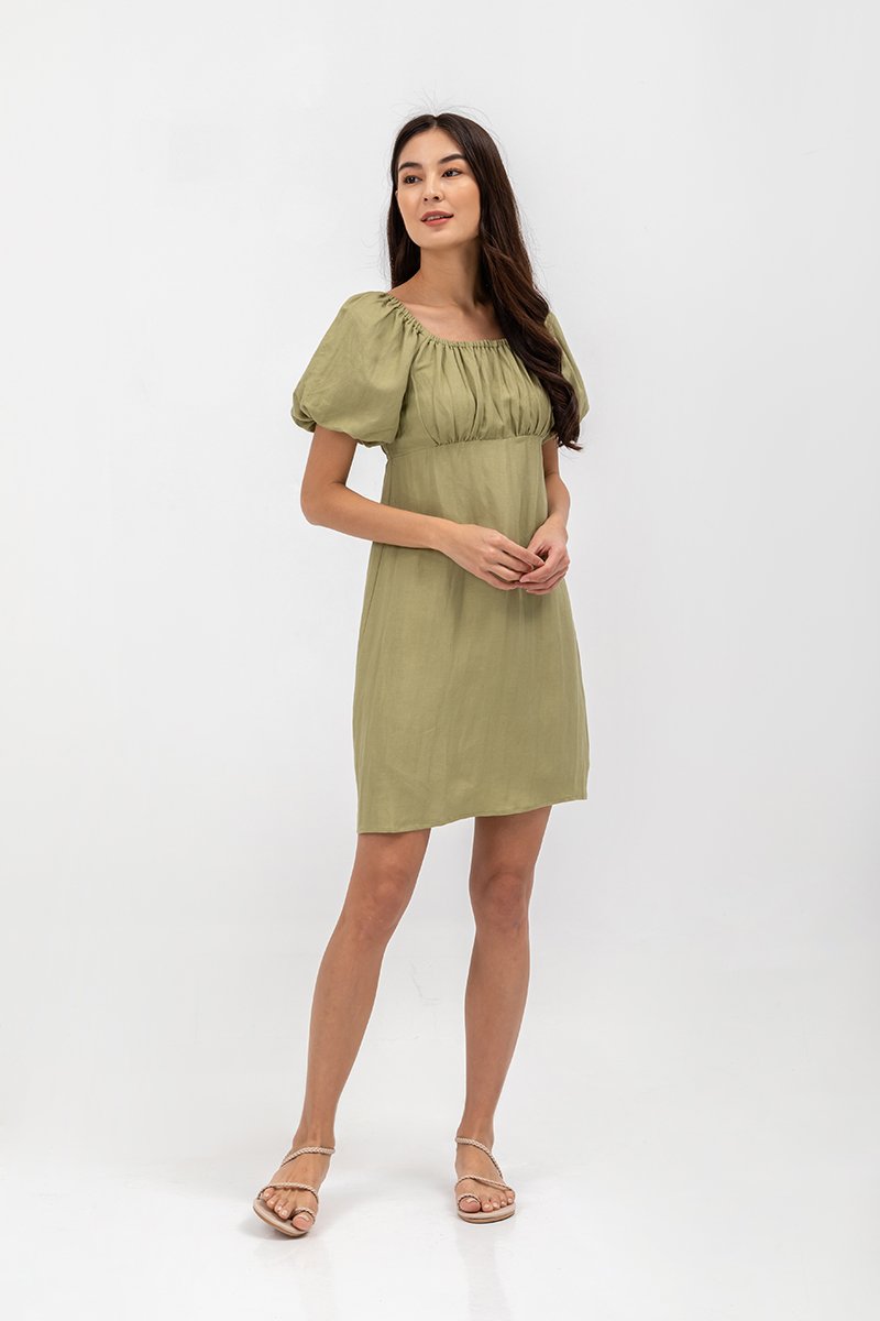 ROSALEE PUFF SLEEVE BABYDOLL LINEN MINI DRESS