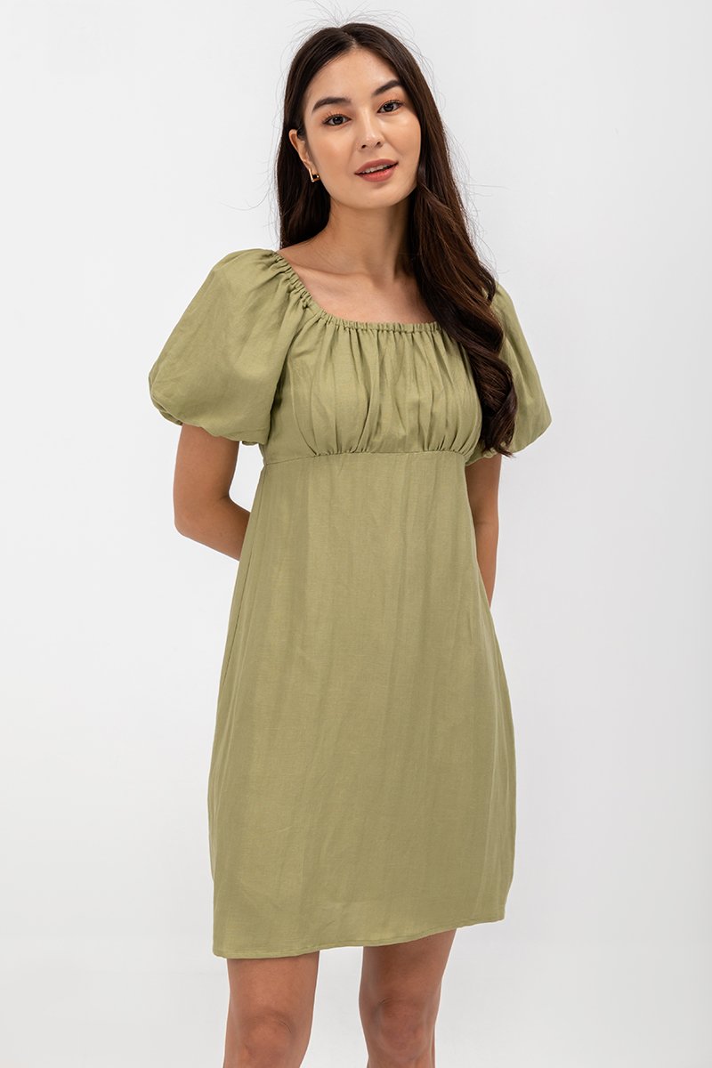 ROSALEE PUFF SLEEVE BABYDOLL LINEN MINI DRESS