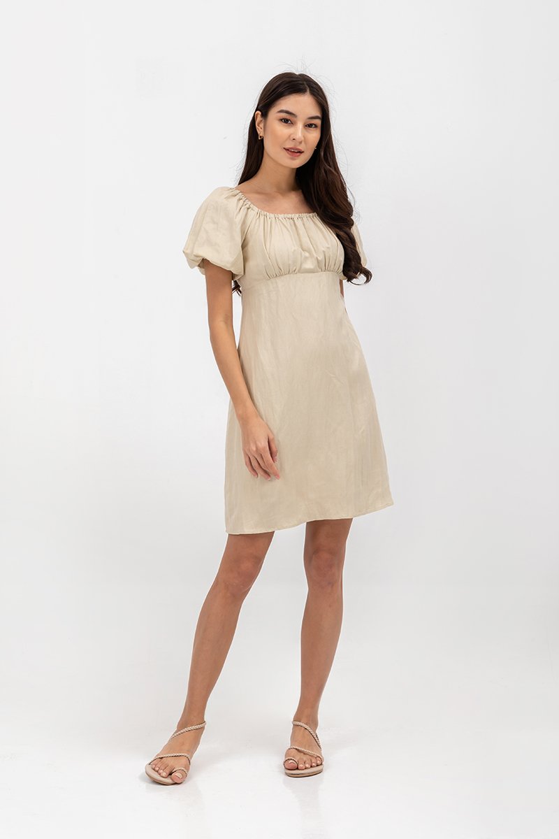 ROSALEE PUFF SLEEVE BABYDOLL LINEN MINI DRESS