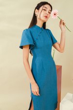 AUBRIELLE FLUTTER SLEEVE TWEED MIDI CHEONGSAM