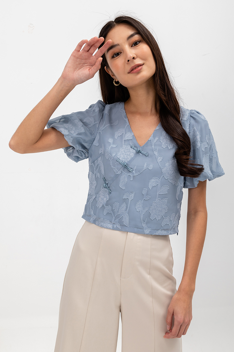 VIOLETTE PUFF SLEEVE FLORAL CHEONGSAM TOP